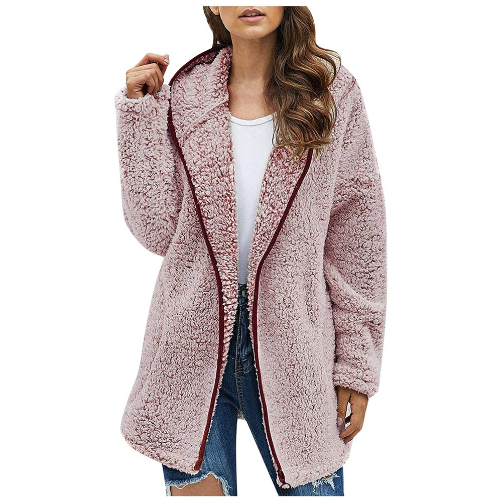 Solid Color Lapel Collar Hooded Long Sleeve Plush Sweater