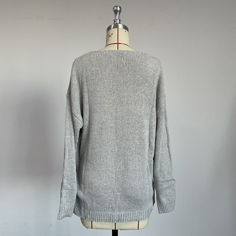 V-neck Solid Color Loose Sweater