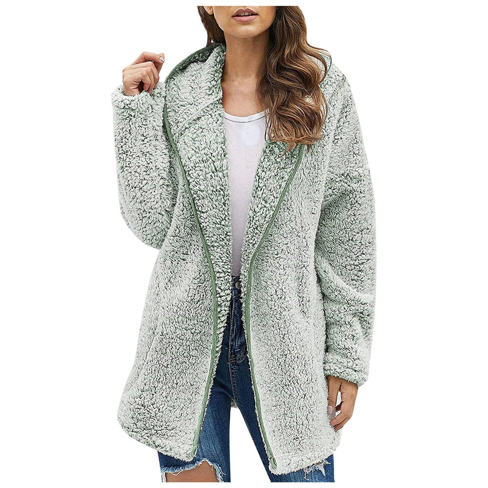 Solid Color Lapel Collar Hooded Long Sleeve Plush Sweater