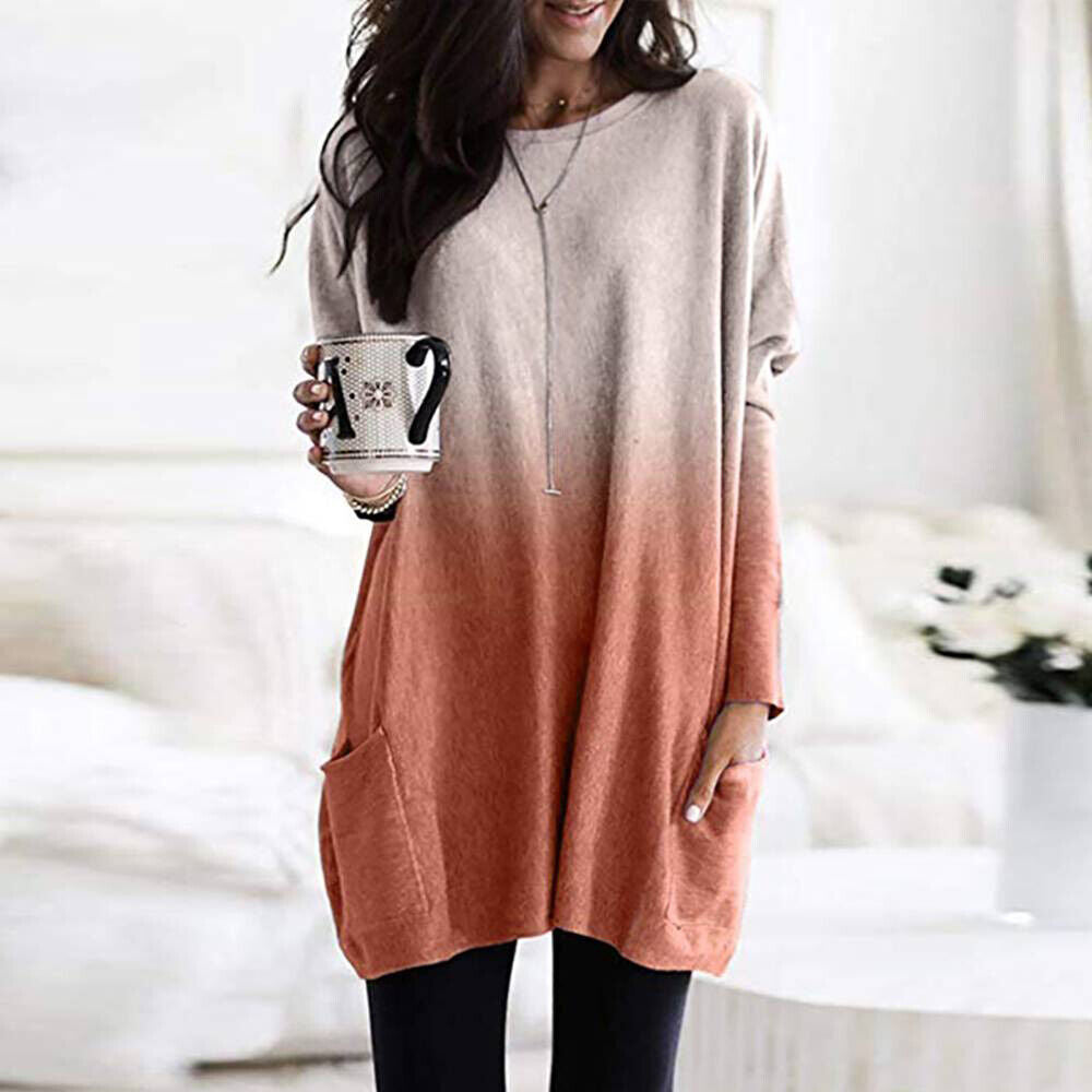 2023 Fall Casual Plus Size Pockets Gradient Pullover