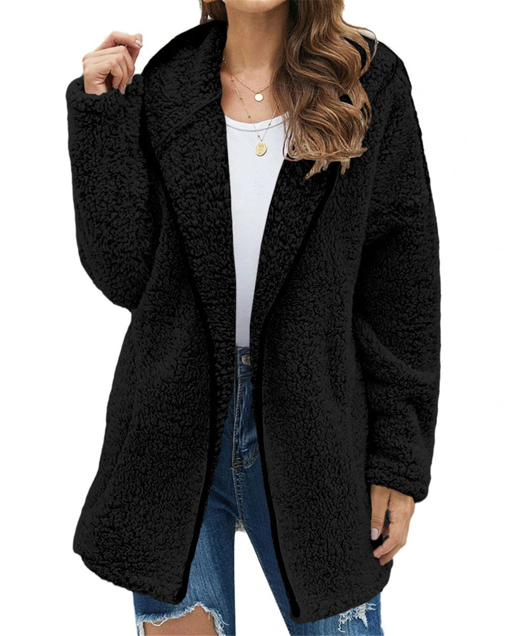 Solid Color Lapel Collar Hooded Long Sleeve Plush Sweater