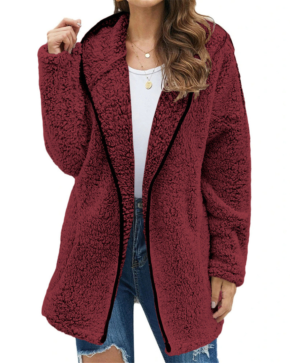 Solid Color Lapel Collar Hooded Long Sleeve Plush Sweater