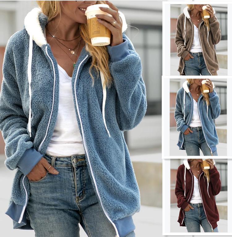 Women's loose plush zipper hooded jacket