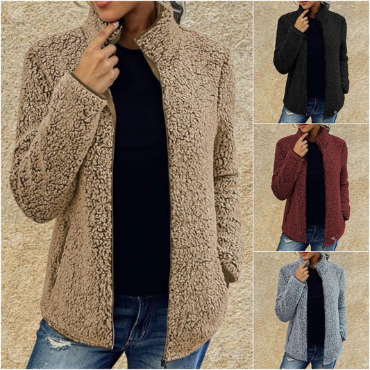 Short Jacket Lapel Zipper Warm Plush Fleece Zipper Casual Coat Top