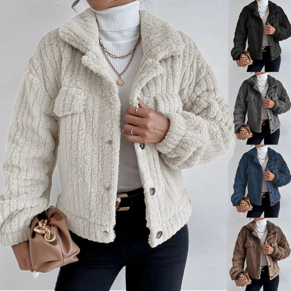 SHORT JACKET LAPEL WINTER COAT WARM PLUSH FLEECE CASUAL COAT TOP WITH POCKET