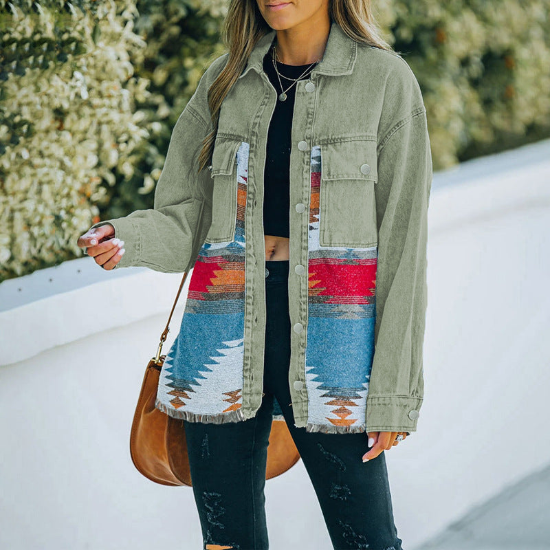 Woman's long sleeve casual loose paneled denim jacket