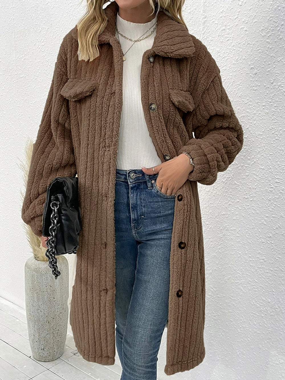 Women's lapel plush long coat with pockets